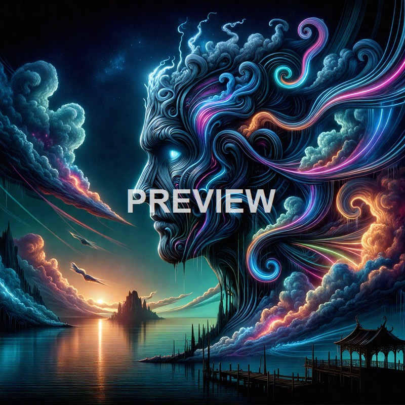 A surreal, colorful digital artwork depicting a giant human face formed by swirling, luminous lines and clouds, with a serene water landscape and a small pavilion in the foreground, and a sunset or sunrise in the background.
